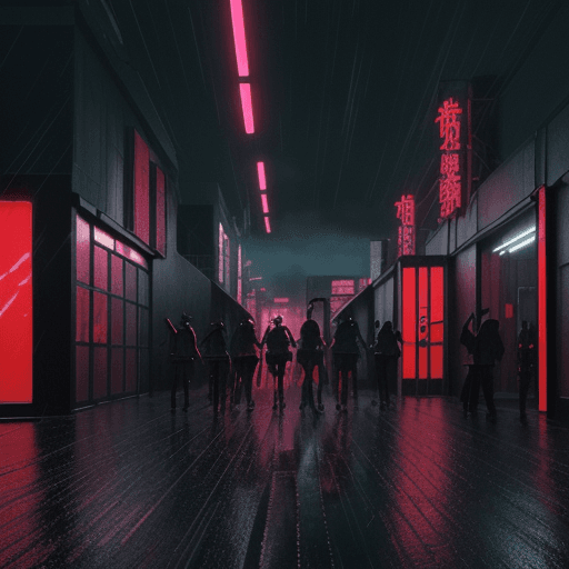 AI generated: trap orchestra at night, black and red buildings , cyberpunk, fluorescent light, dynamic color palet...