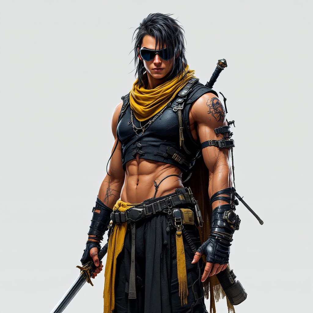AI generated: a cyberpunk model, with sword in hand