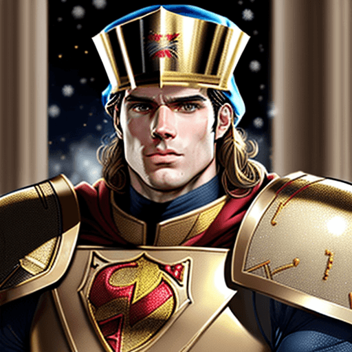 AI generated: Henry Cavill depicted as the Emperor of Humanity Warhamer 40k, whit golden armor. Christmas hat on h...