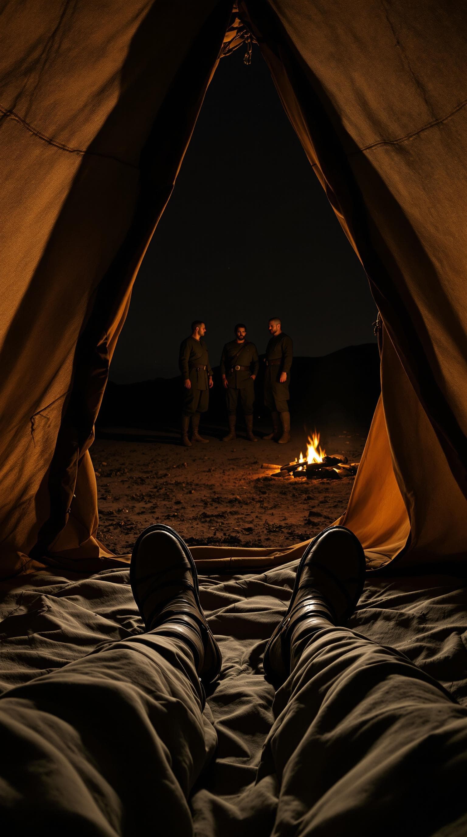 AI generated: POV first-person perspective shot captures the lower half of my body as I lie inside a traditional c...