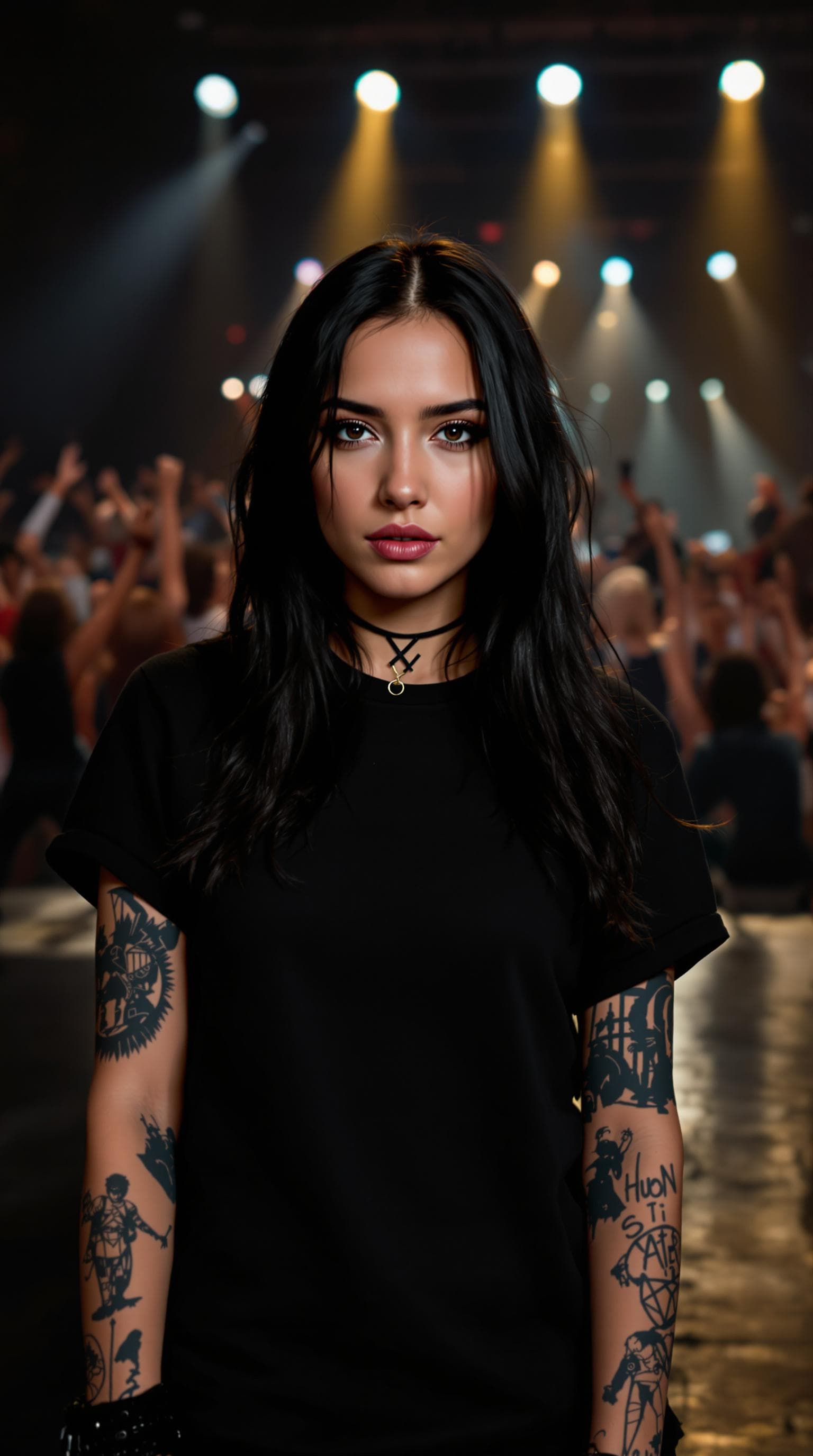 AI generated: A young Caucasian woman with medium long black hair, a black t-shirt, several tattoos, rock and roll...