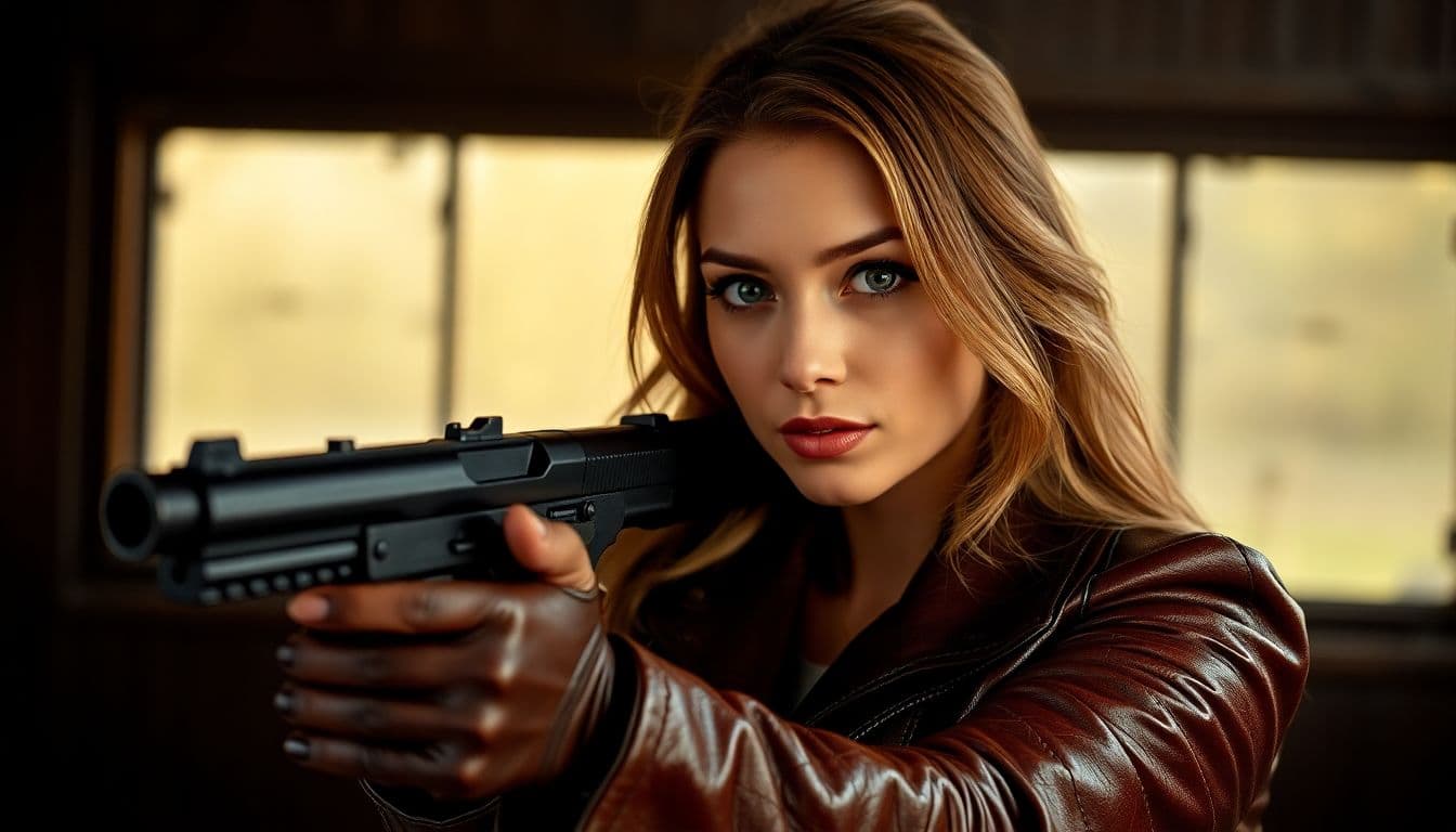 AI generated: Lady in leather with gun