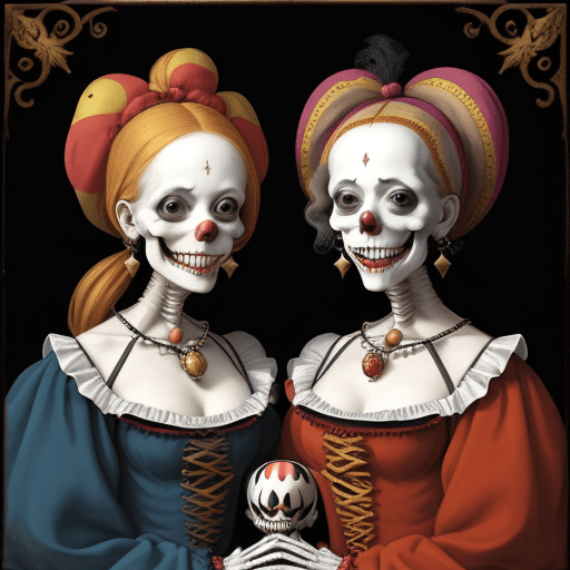 AI generated: a painting of two woman smiling clowns with costumes, in the style of renaissance realism, iconic al...