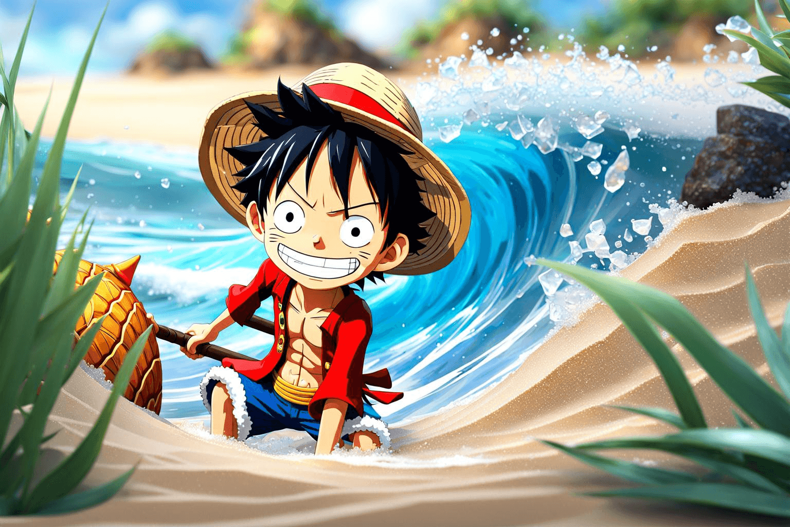 AI generated: Flat illustration, 3d, close up, Monkey D. Luffy, one piece anime