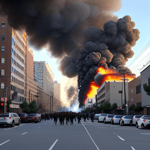 AI generated: Dui explosions and escalating smoke columns from the surrounding residential buildings in the city, ...