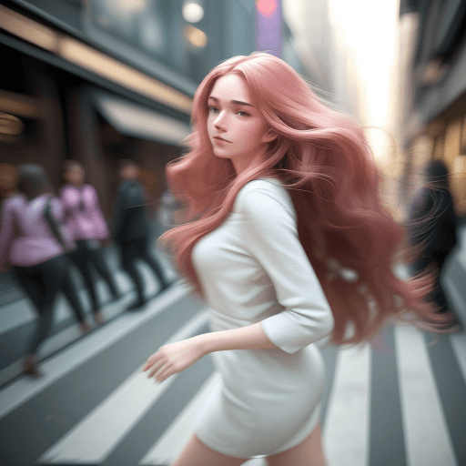 AI generated: A young woman walks confidently along a bustling city street, dressed nothing. She is in mid-stride,...