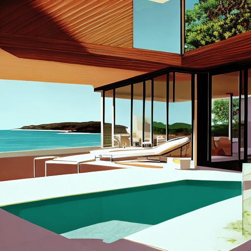 AI generated: Emily Blunt emma stone bikini beachHyper realistic eye level exterior photo of a mid century modern ...