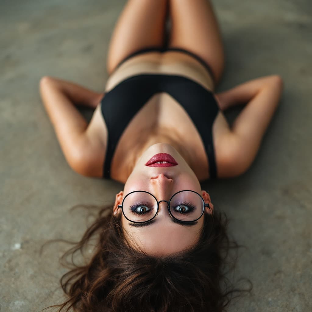 AI generated: young brunette low on the ground arms laying on the ground seductively stomach down, arched behind l...