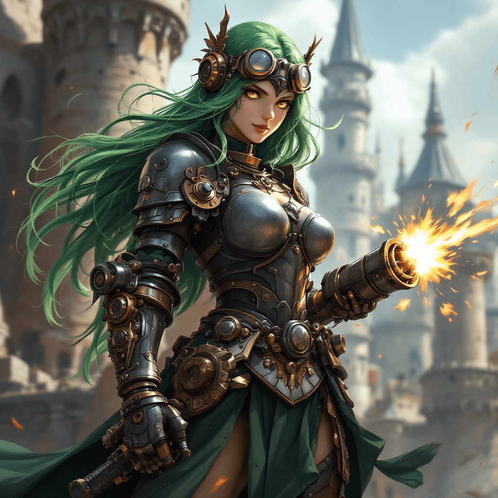 AI generated: The Cannon Knight: A powerful warrior with long, flowing, emerald green hair often styled in an elab...