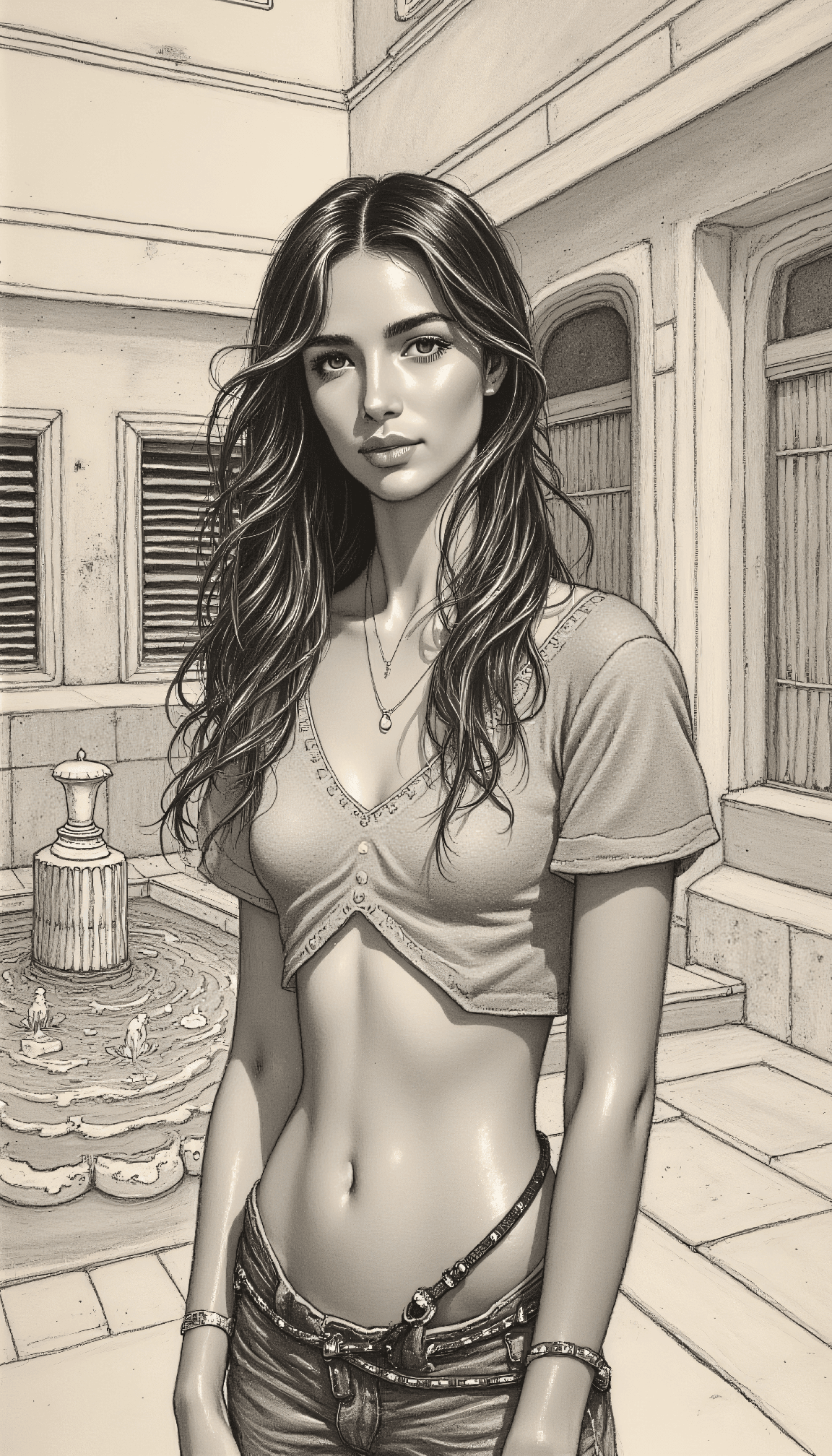AI generated: This image is a detailed, pencil drawing of a 24-year-old Egyptian female vintage pin-up beauty with...