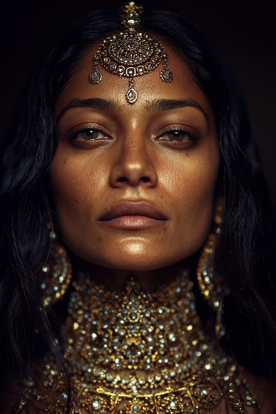AI generated: surreal portrait of a breathtakingly beautiful South Indian woman in her 30s, glowing golden-brown s...
