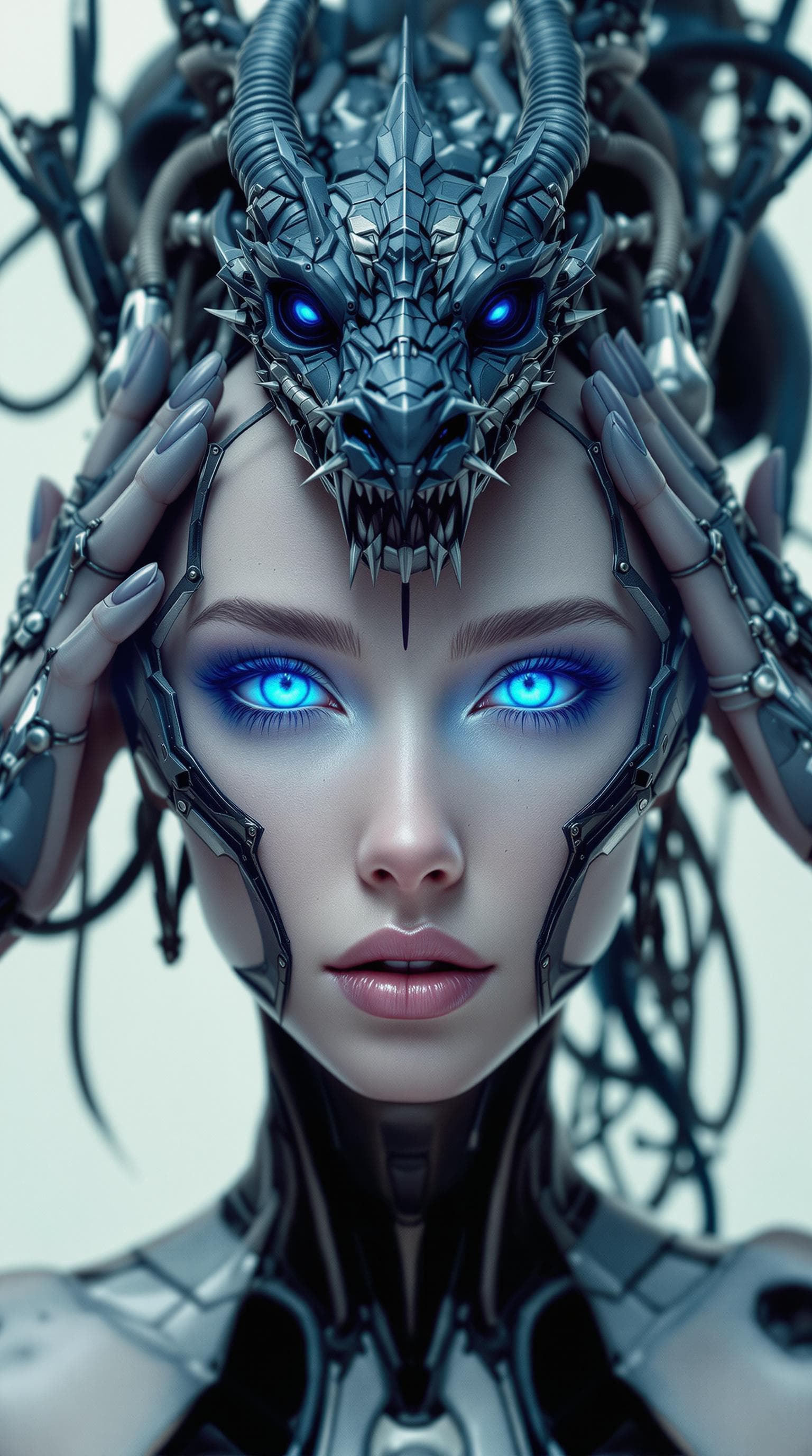 AI generated: a woman with blue eyes and a robot head with a dragon on her forehead and hands on her head, Android...