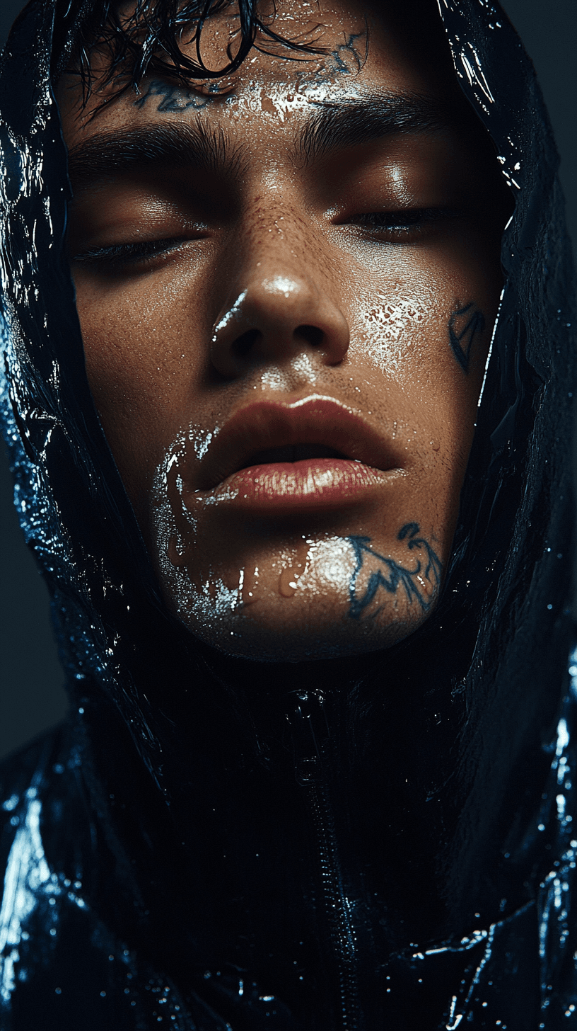 AI generated: Symetrical ultra Closeup of a dope faced tattoed model, dark mirror glazed Nike sport outfit, Minima...