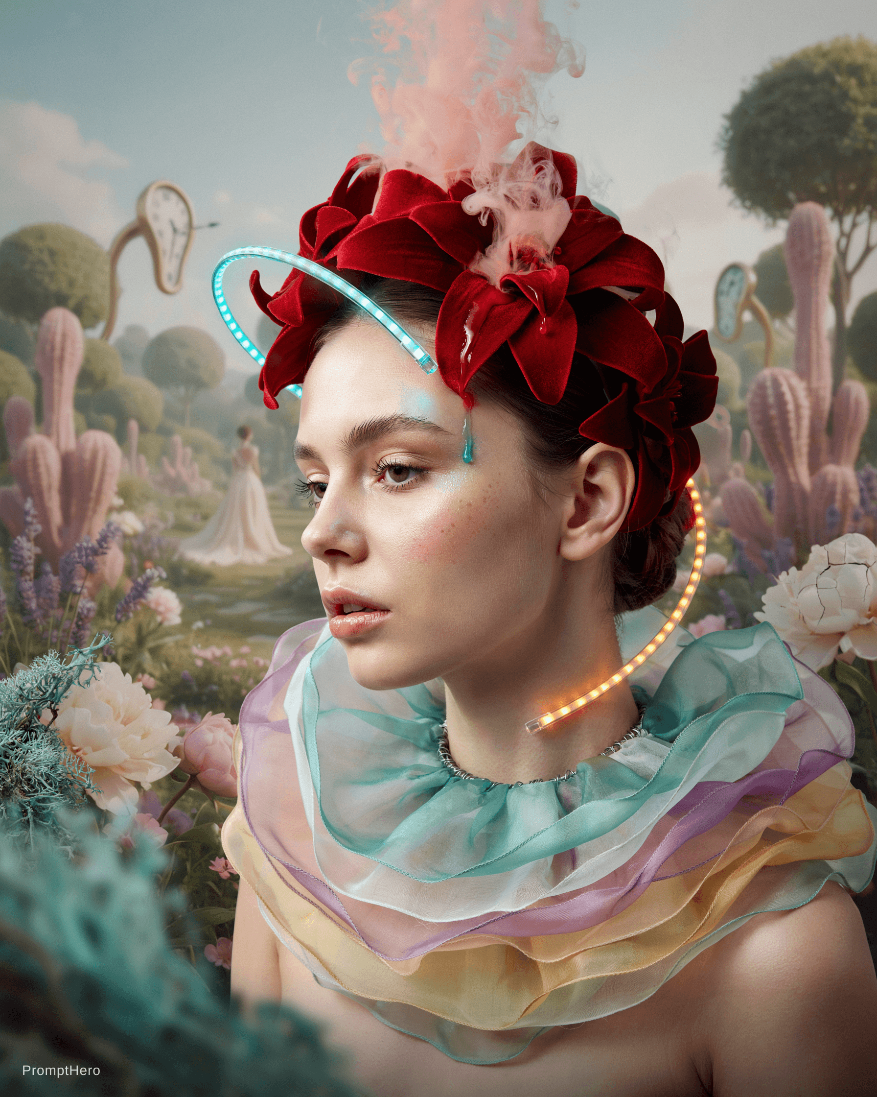 AI generated: editorial photoshoot of a woman's face in a pastel dream , colors flowing from her face wild fashion...