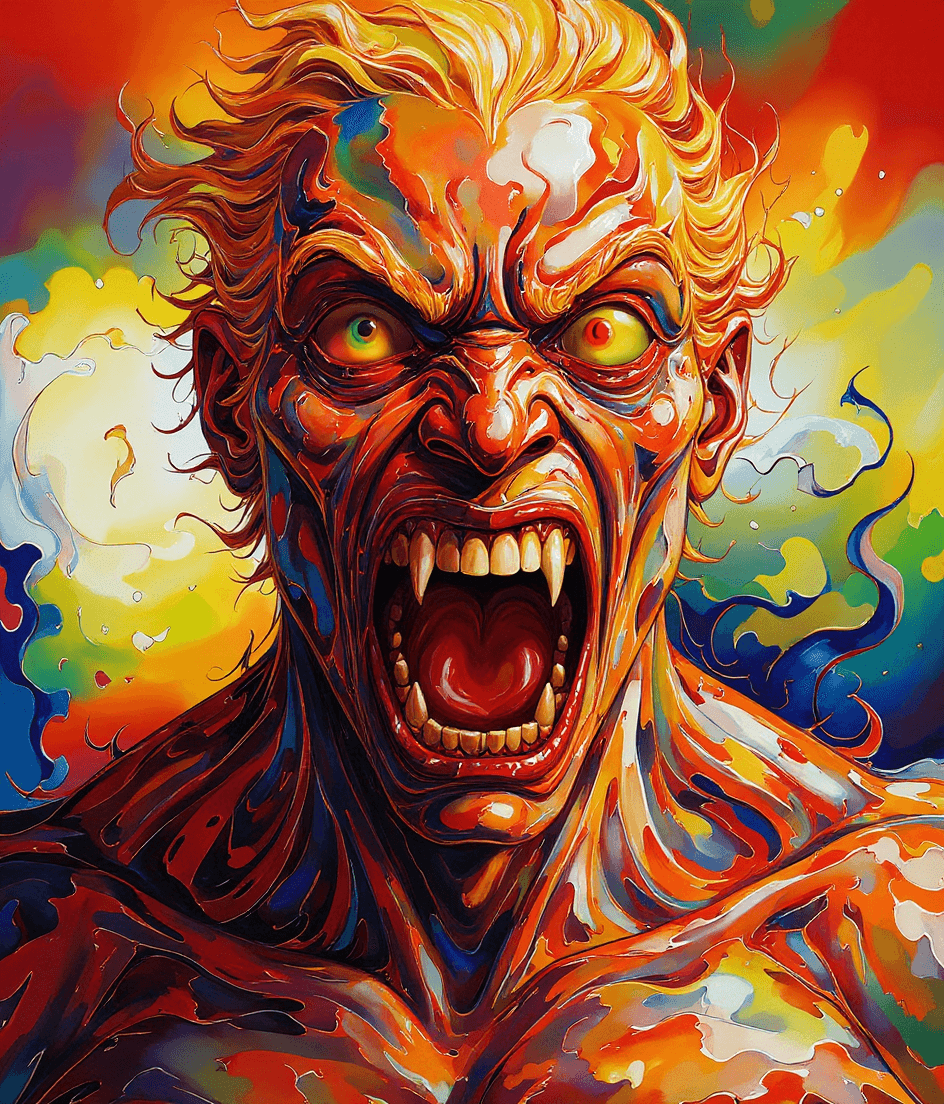 AI generated: a portrait picture of the fiery character taking the upper frame in birdseye view with its mouth ope...