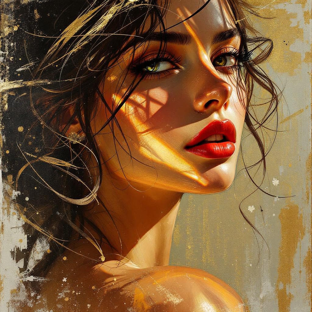 AI generated: a painting of a woman, in the style of brushstroke-intensive portraits, cinematic elegance, golden l...