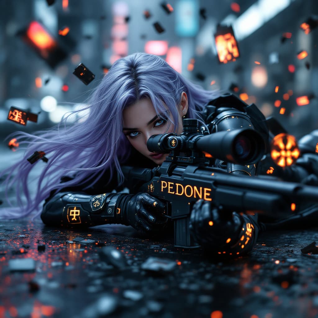 AI generated:  photorealistic, detailed flying silver and violet hair, urbanpunk, more colorful, lady, lying on th...