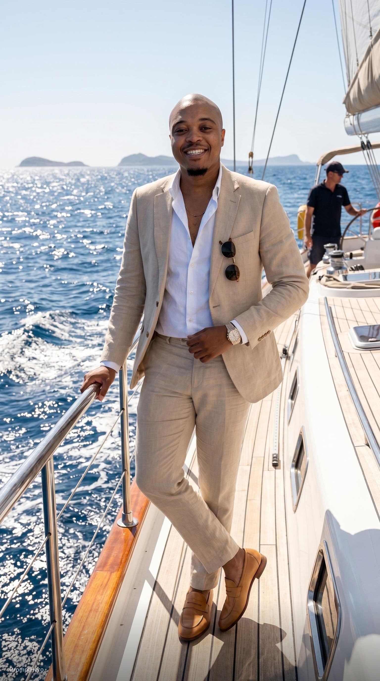 AI generated: Create a high-end fashion image of a male in the uploaded image wearing a tailored summer suit with ...