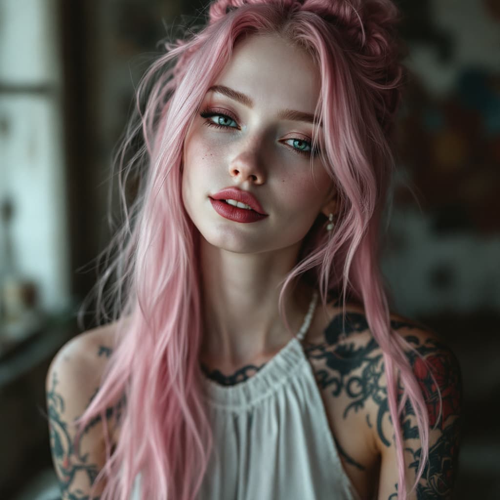 AI generated: High resolution photography 8K of an anorexic tall and slender 25-year-old woman with long, pink hai...