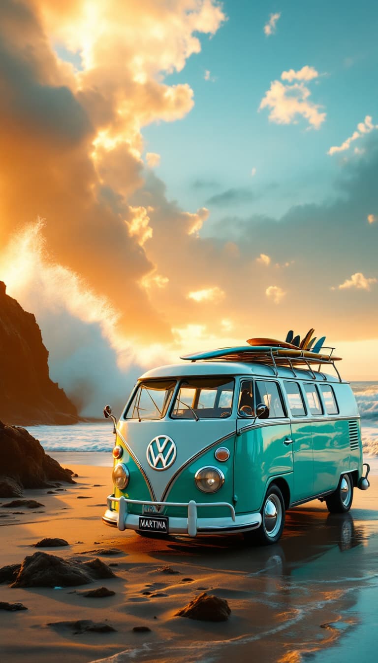 AI generated: A light turquoise green  and white vw classic, Samba 23 window bus on a golden sunset beach with eth...