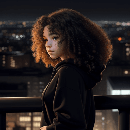 AI generated: Generate an image of a young woman with curly hair, facing away and looking at the cityscape of a me...