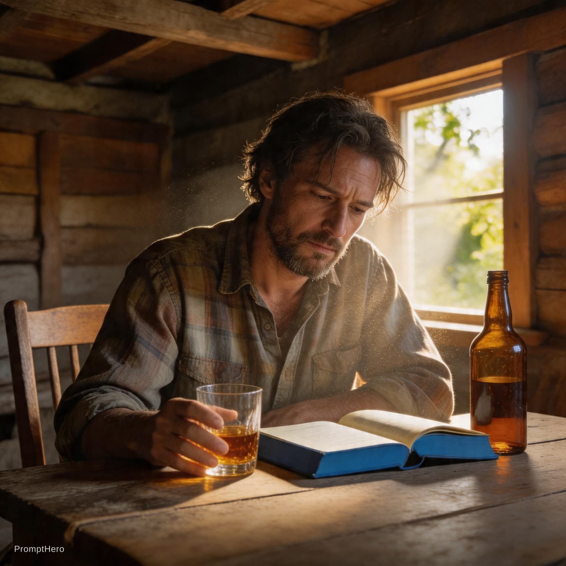 AI generated: inside of an old cabin, a disheveled man sits at an old wooden table, a bottle of whisky is on the t...