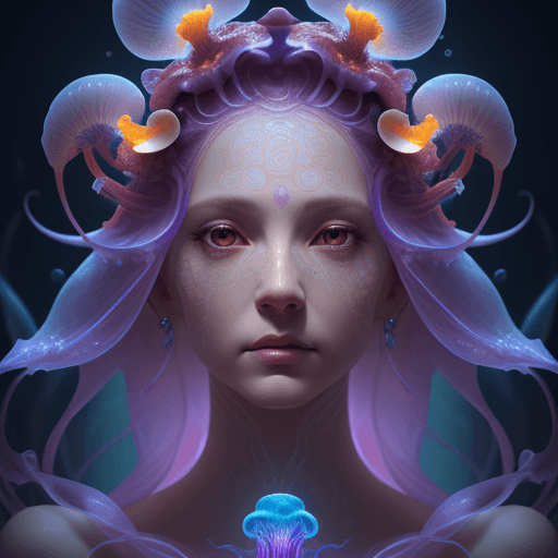 AI generated: Goddess close-up portrait ribcagel. jellyfish phoenix head, nautilus, orchid, skull, betta fish, bio...