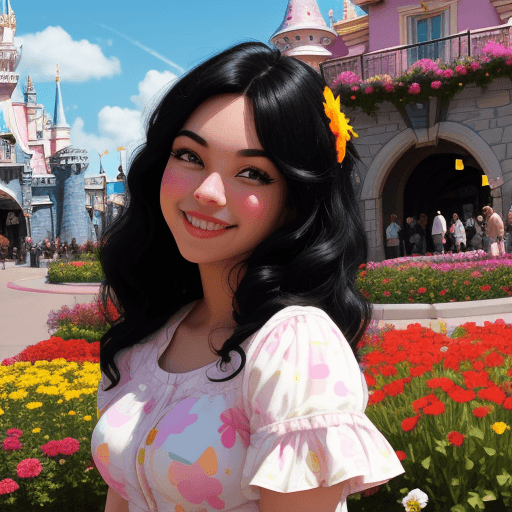 AI generated: black hair, disney style, cute, pretty, bright atmosphere, flowers, sunshine, disneyland