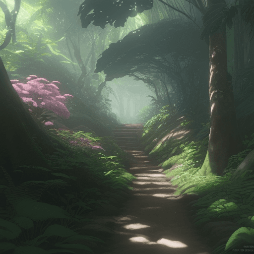 AI generated: a rough path leading in shade tropical forest with sunlight filtering through the trees and flowers ...