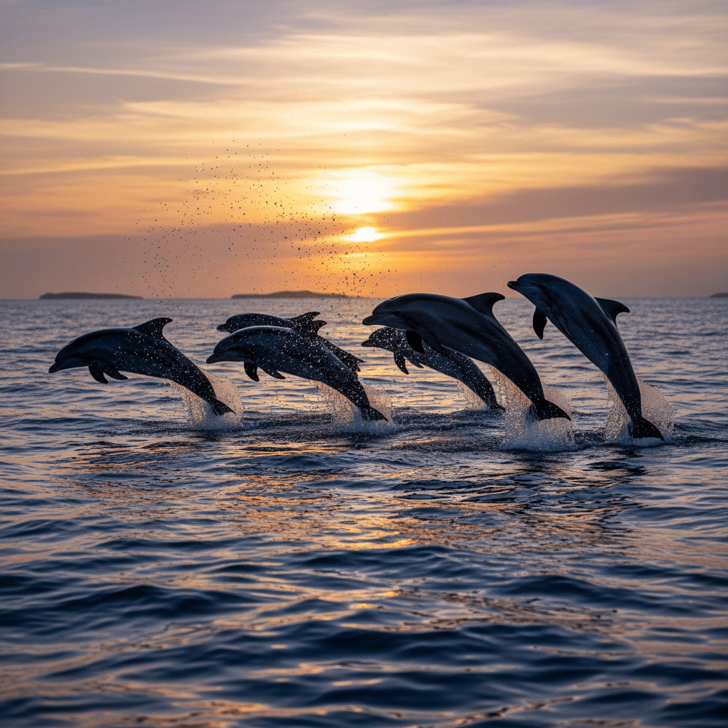 AI generated: "A pod of dolphins leaping out of the ocean — wide shot, glowing sunset behind, water droplets froze...