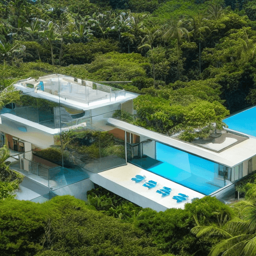 AI generated: ultra-modern mega villa by the sea with swimming pool and green space with beautiful open space and ...