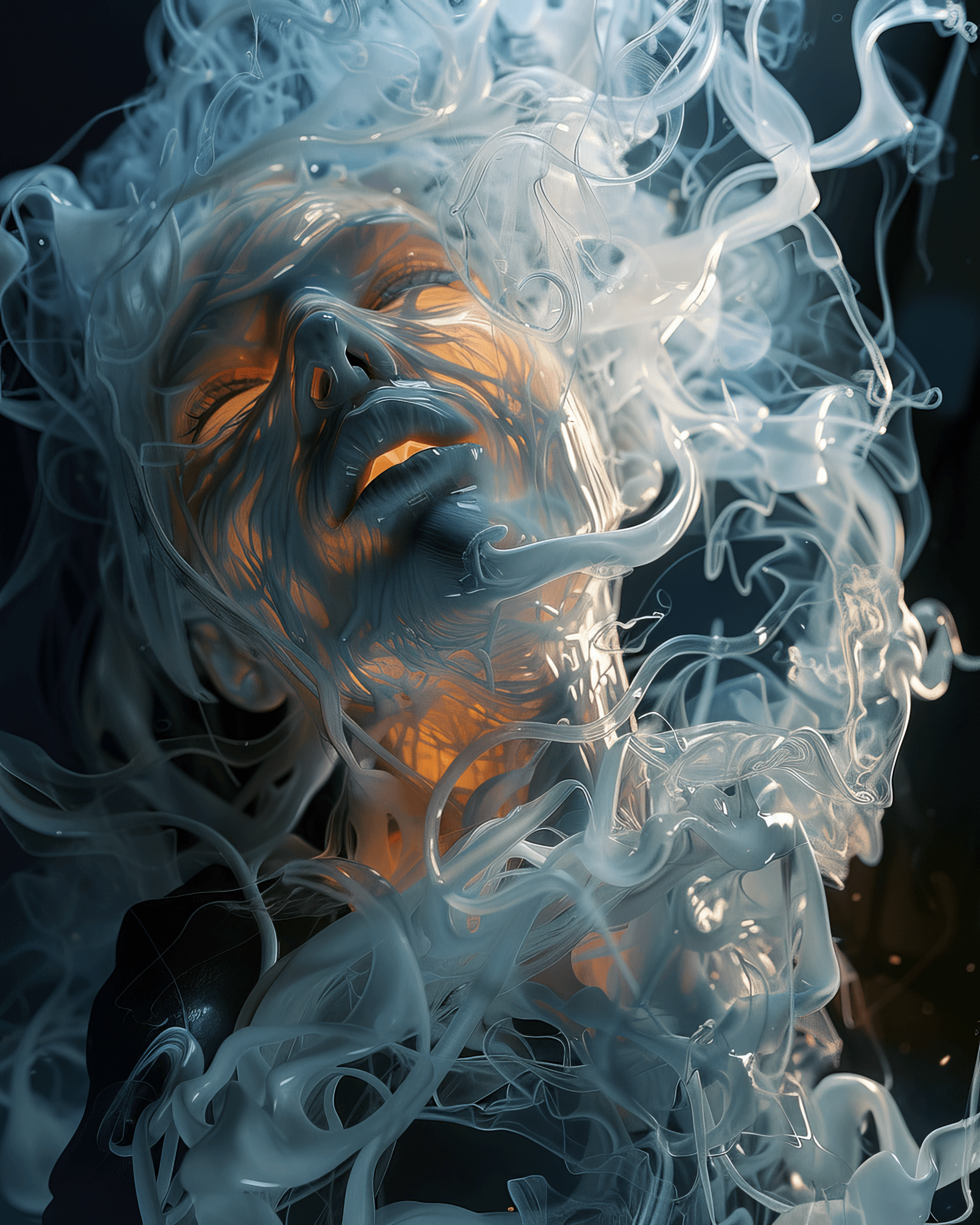 AI generated: full body, woman, hyperrealistic horror shot of a ghostly ectoplasm, creepy, foggy, evening, light b...