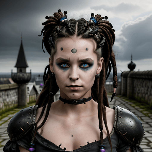 AI generated: junge prinzessin der dunkelheit, schwarze kurze Dreadlocks, fantasy, gesichtstattoo, schatten um die...
