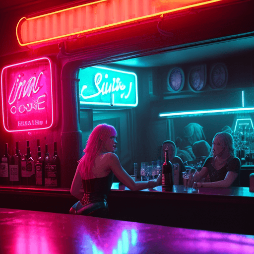 AI generated: A night bar inside, neon lights, cozy atmosphere, bar counter, very realistic, golden hour, pink neo...