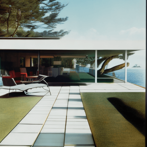 AI generated: Hyper realistic eye level exterior photo of a mid century modern style house overlooking the ocean, ...