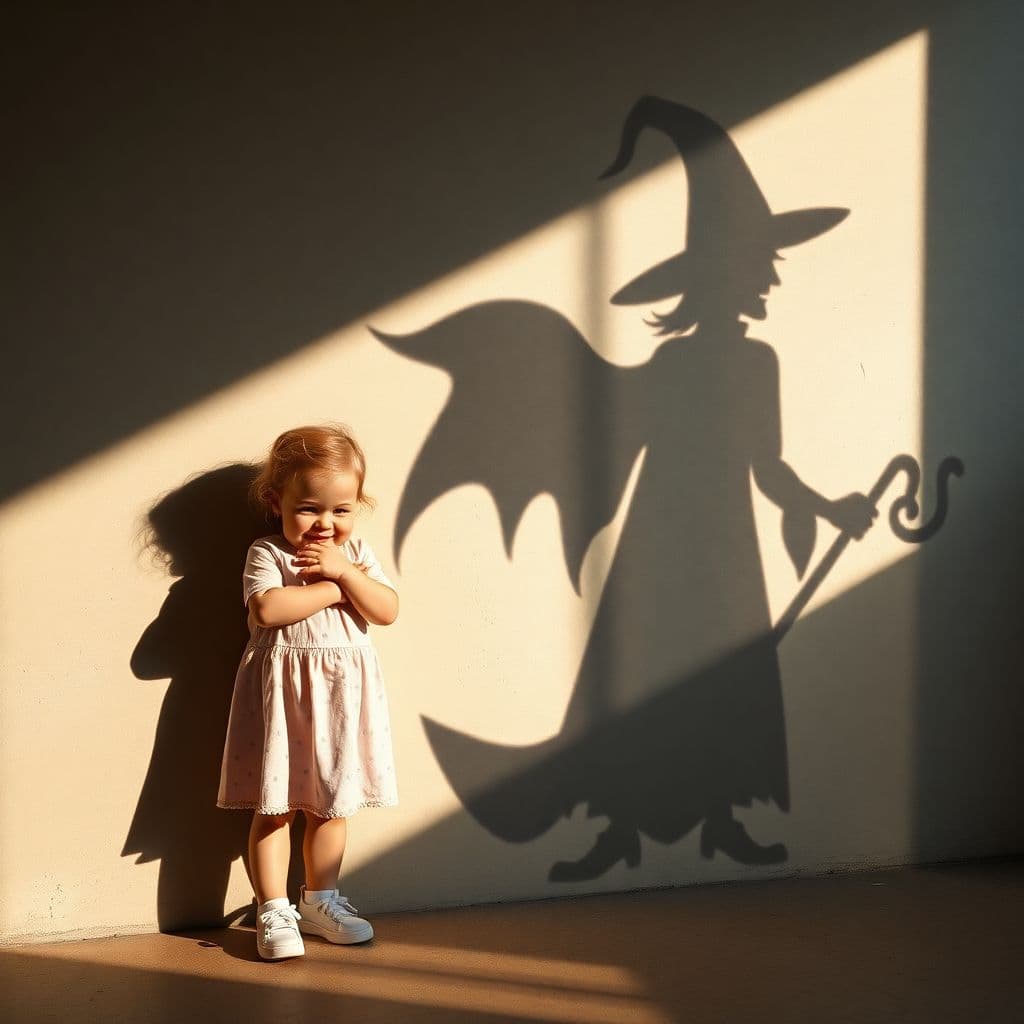 AI generated: a cute toddler girl and a shadow of an evil big witch on cement and on the wall, focus on the shadow...