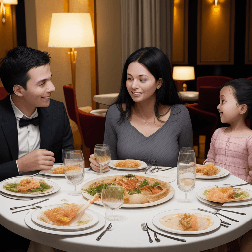 AI generated: A family, of four having dinner at a five star hotel. It must include a couple with two children a b...