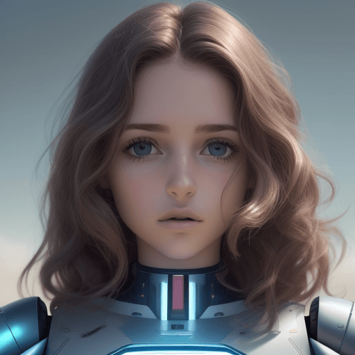 AI generated: un retrato detallado de frente y realista de una robot hermosa, cabello rubio, ojos redondos y cabel...