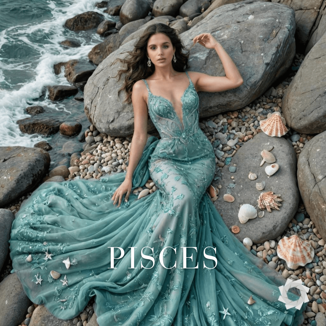 AI generated: full length portrait of a woman in a royal sea green gown representing Pisces zodiac sign, ultra det...