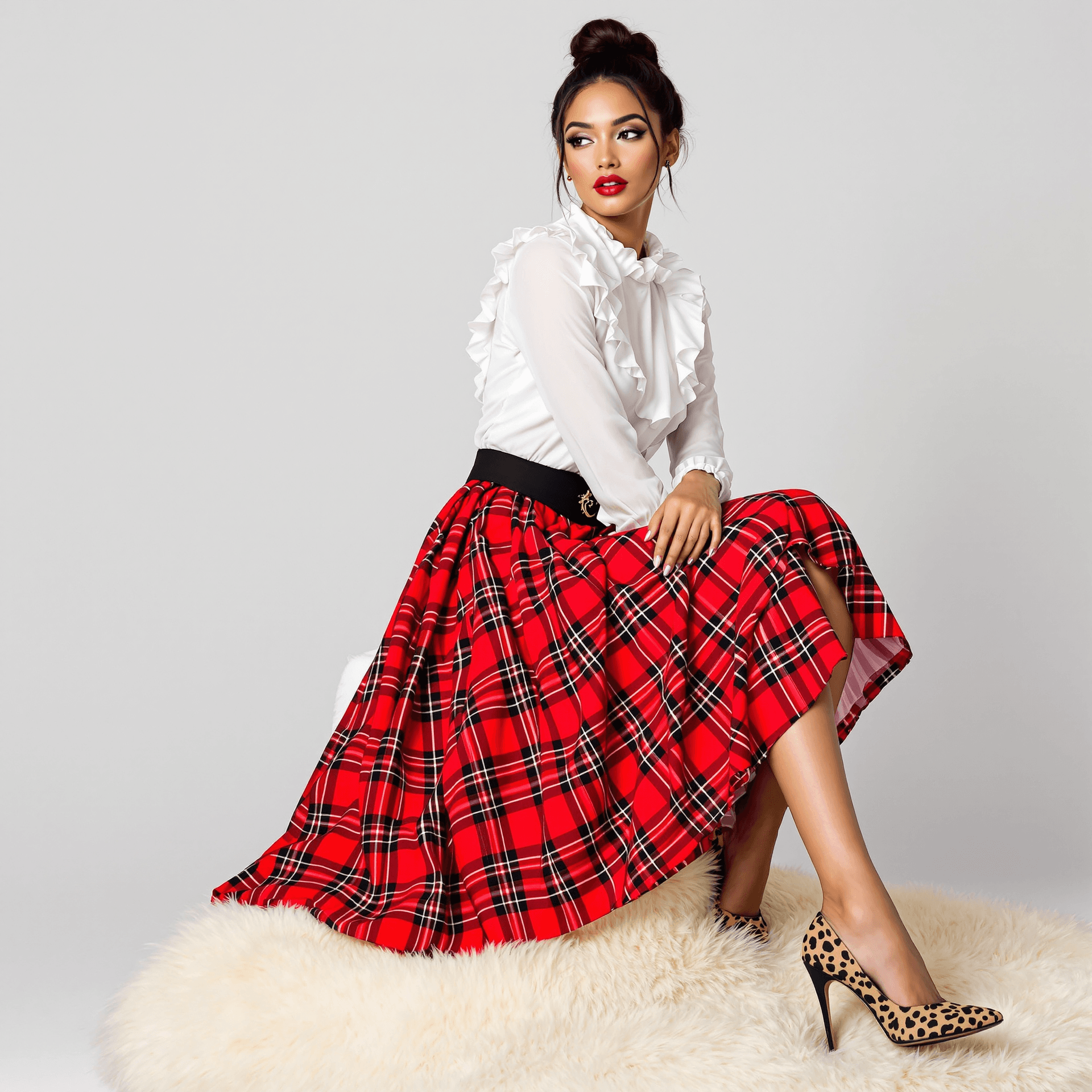 AI generated: A woman seated, wearing a white blouse with a ruffled collar, and a vibrant red and black plaid midi...