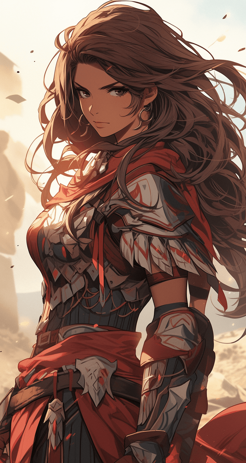 AI generated: female warrior, exaggerated facial expression --ar 68:128 --s 750 --niji 5
