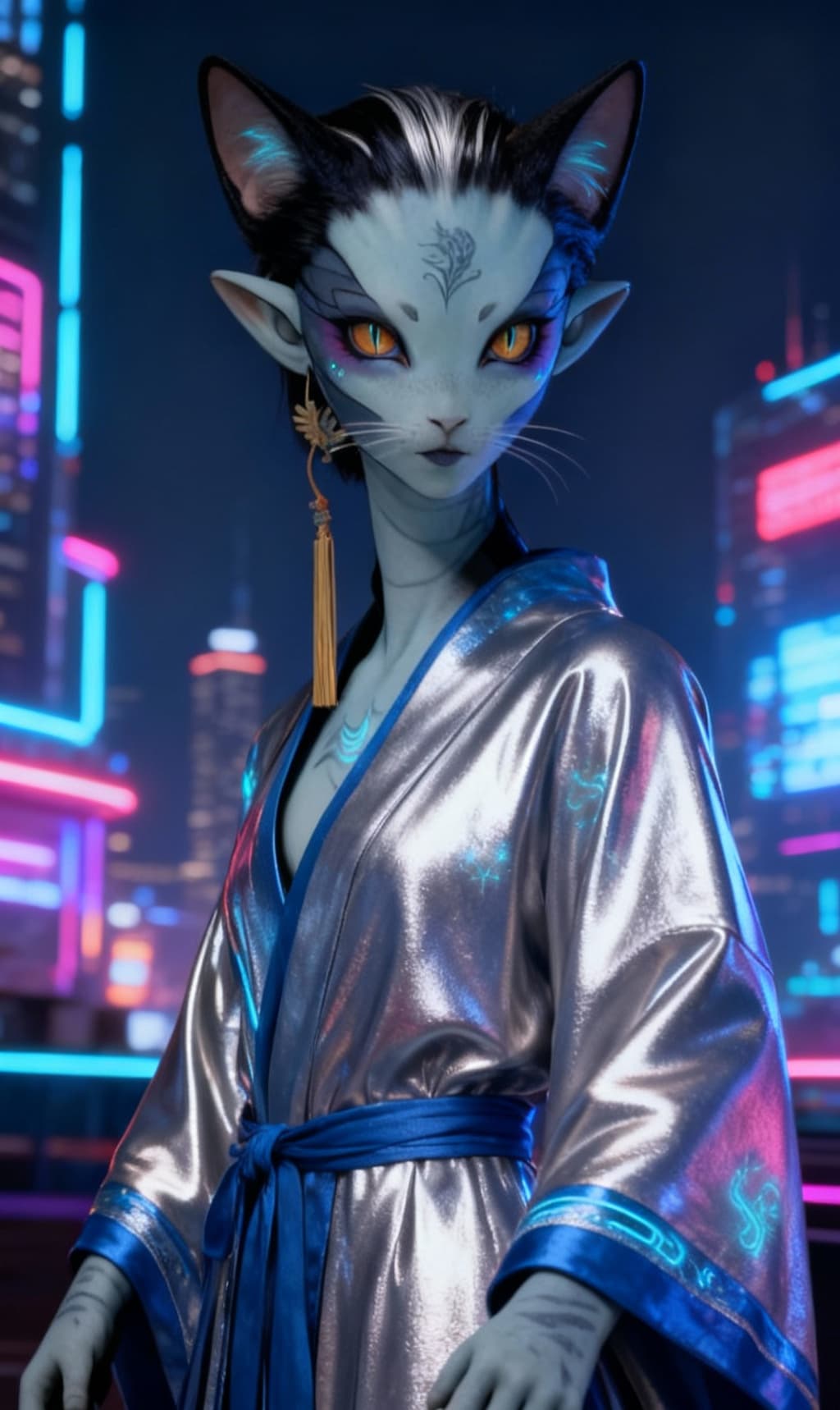 AI generated: Blend anthropomorphic to create a new anthropomorphic, feline alien hybrid. Give a futuristic Nightl...