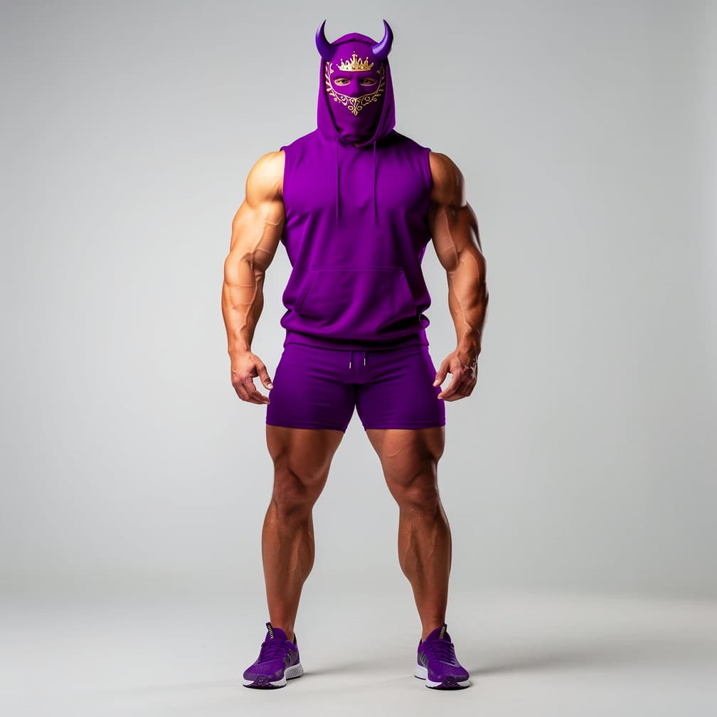 AI generated: A big muscular man wearing royal purple short shorts with a royal purple tank top with a hood plus a...