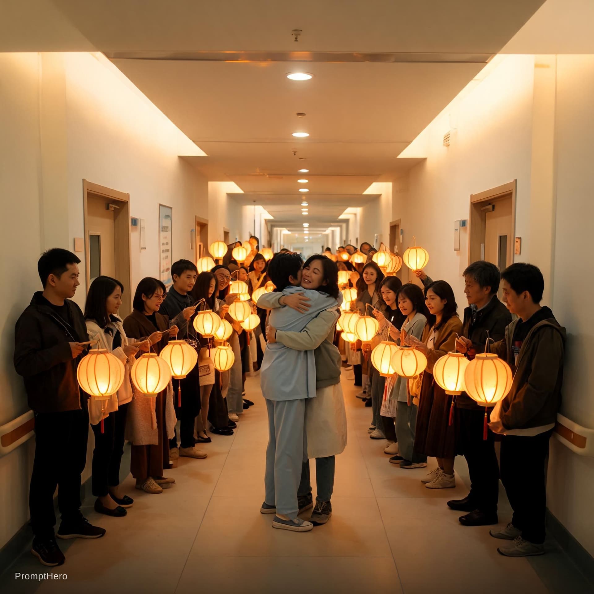 AI generated: Many citizens held lanterns and stood in the hospital corridor. The warm lights in the hospital corr...