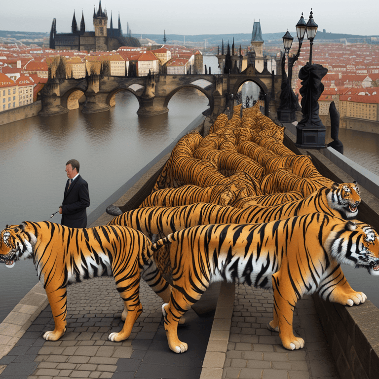 AI generated: Group of tigers crossing Charles Bridge in Prague