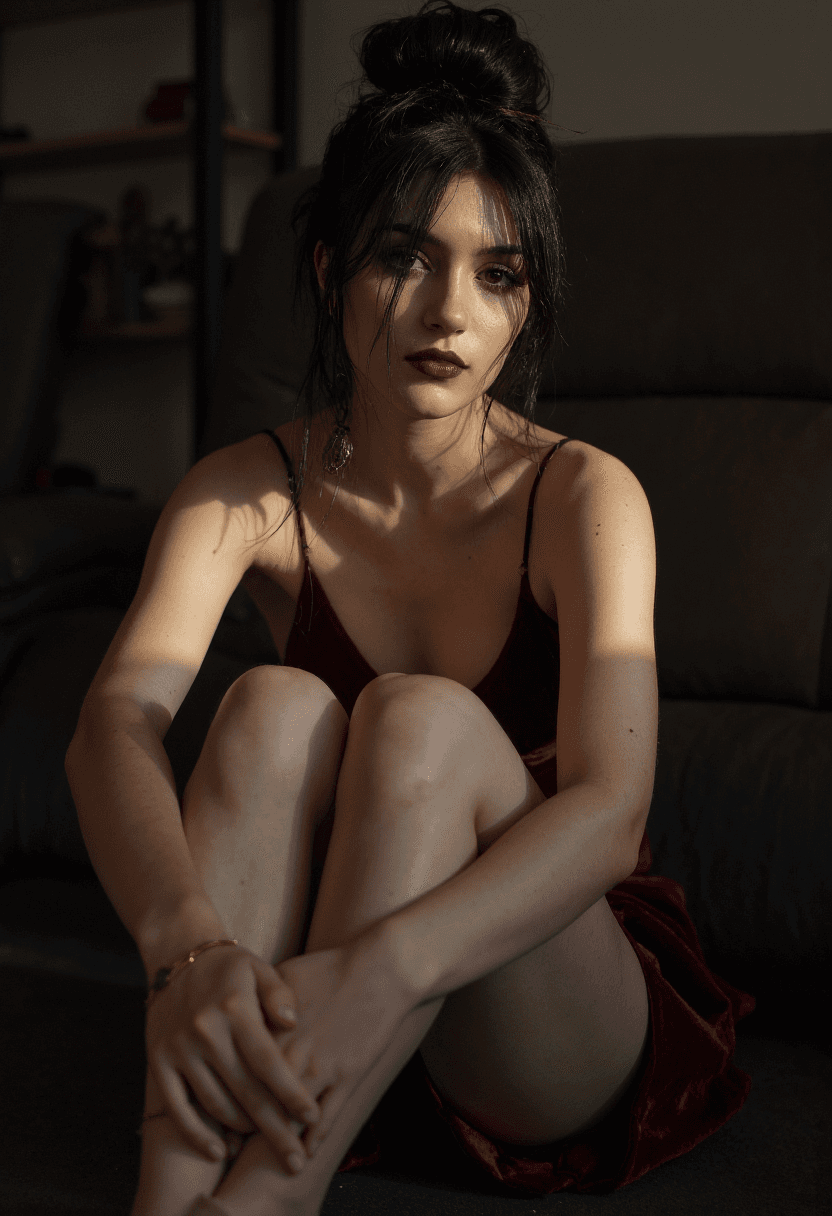 AI generated: A captivating woman sits in the dimly lit room, her style radiating through every detail of her appe...