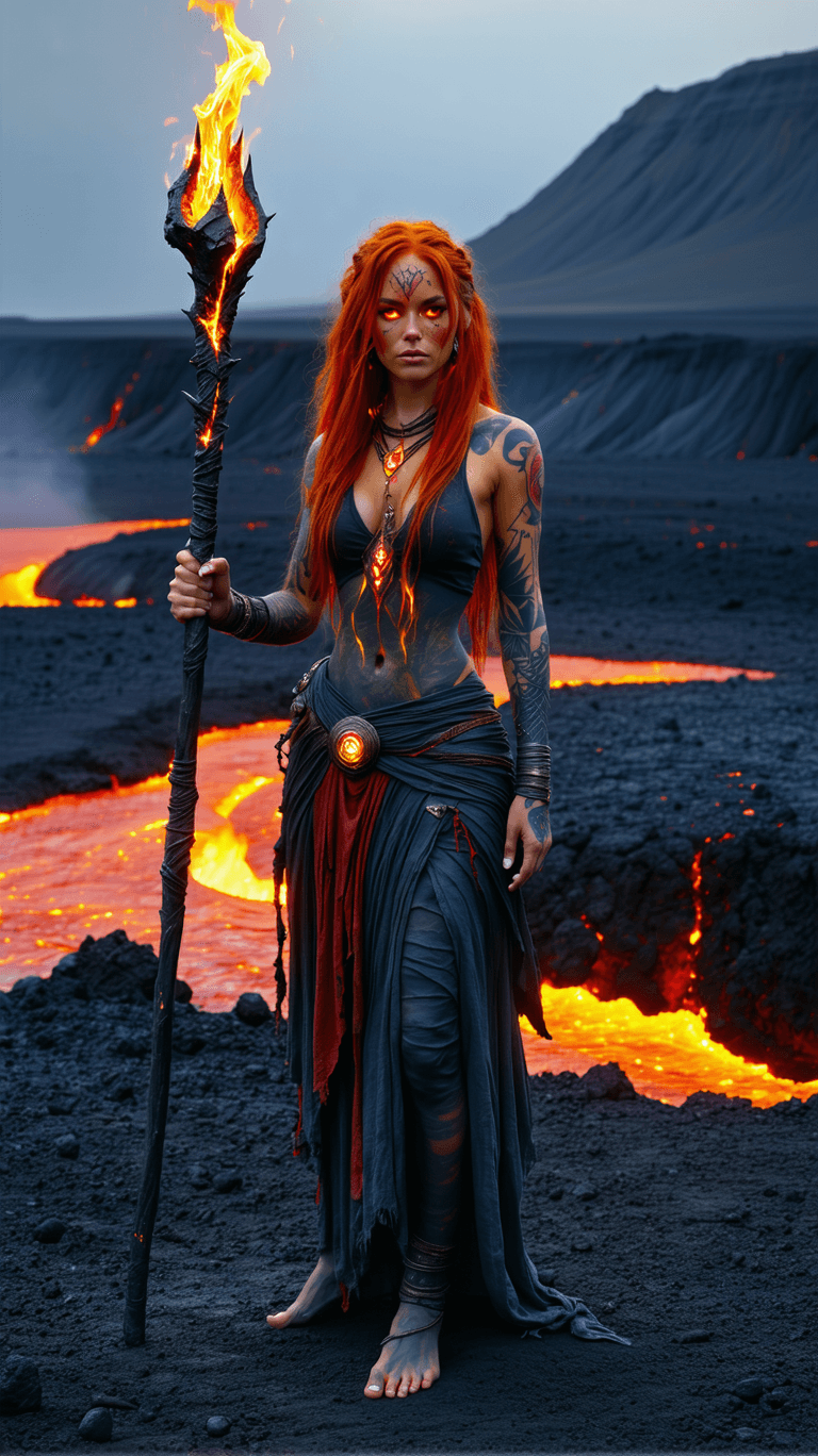 AI generated: A rebellious volcanic priestess, with vibrant red hair, eyes like molten gold, and shifting tattoos ...