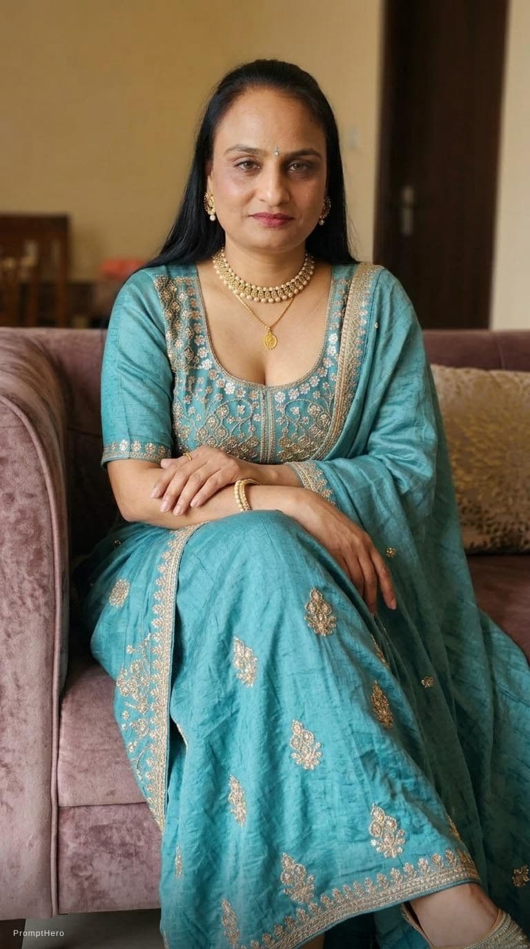 AI generated: Sitting on a couch with legs crossed teasing, same uploaded hairstyle, wearing same décolleté saree ...