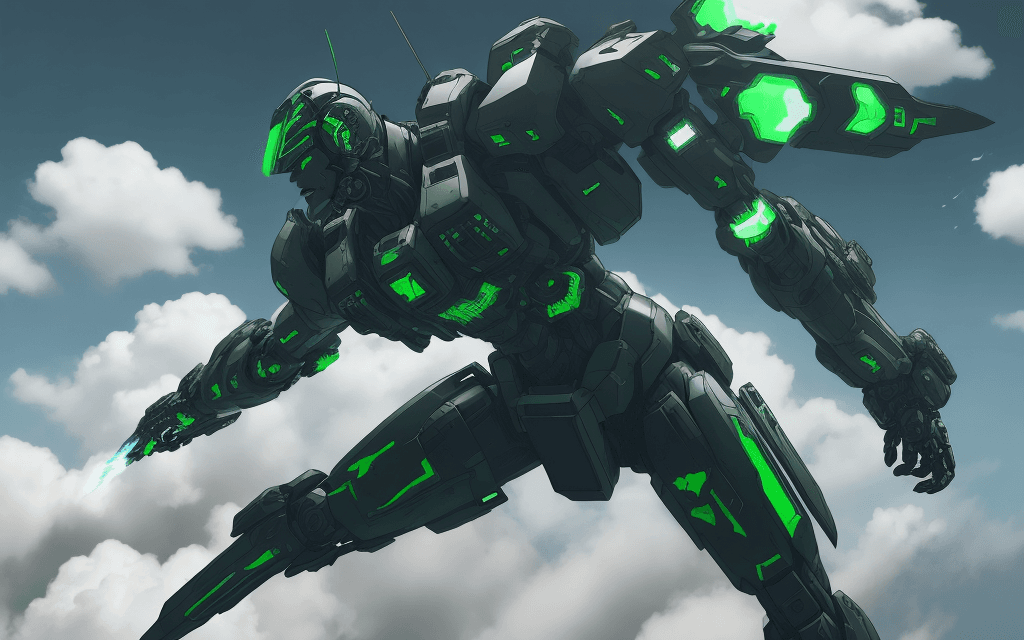 AI generated: a brutal man warrior wearing a future mech and falling off a cloud, a cartoon, pixiv, neo-dada, scre...