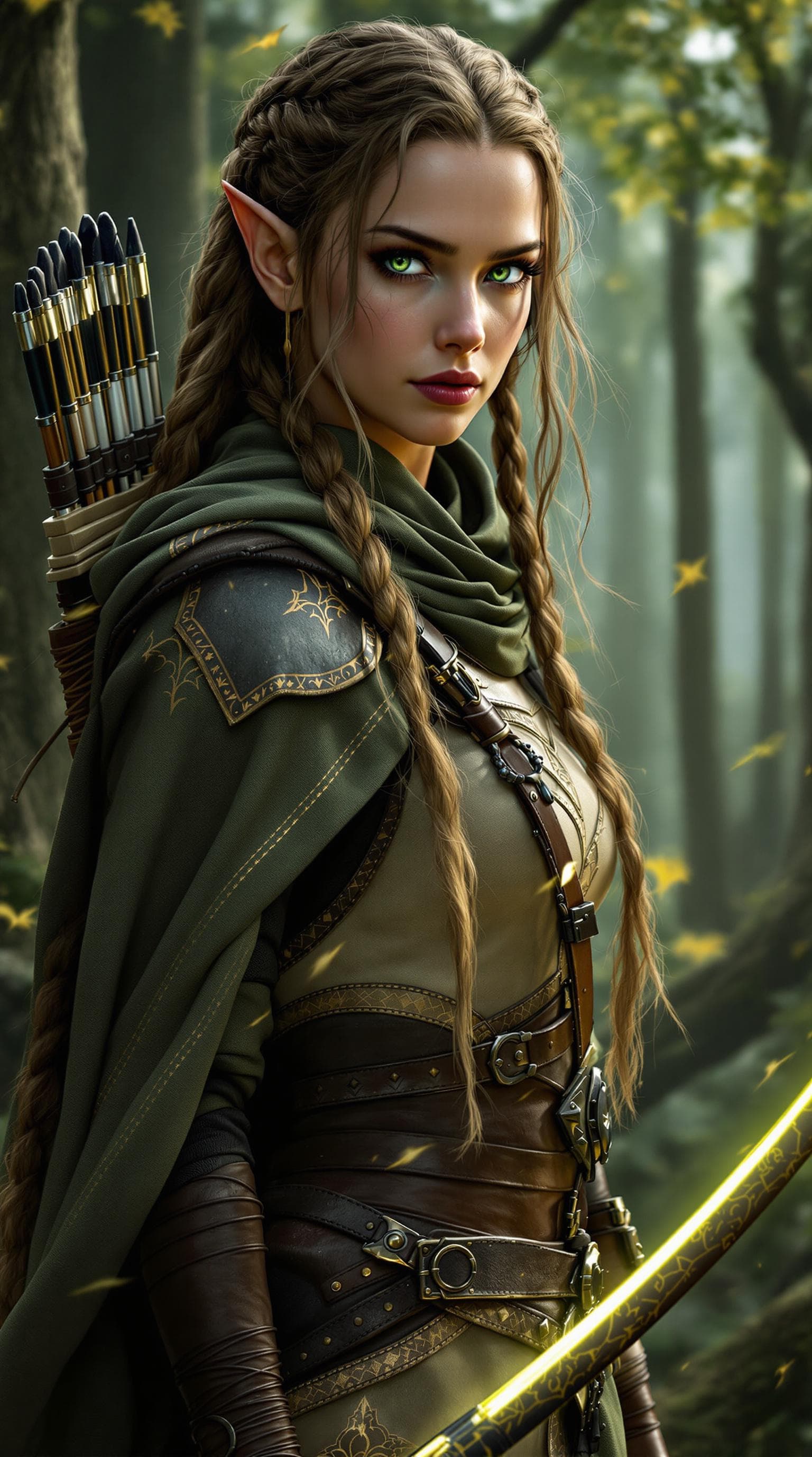 AI generated: Dynamic angle, full body view, realistic, female elven ranger, long, braided hair, lightweight leath...